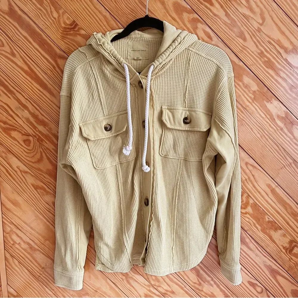 Aerie Waffle Button Hoodie Shacket Sweater - Picture 8 of 8